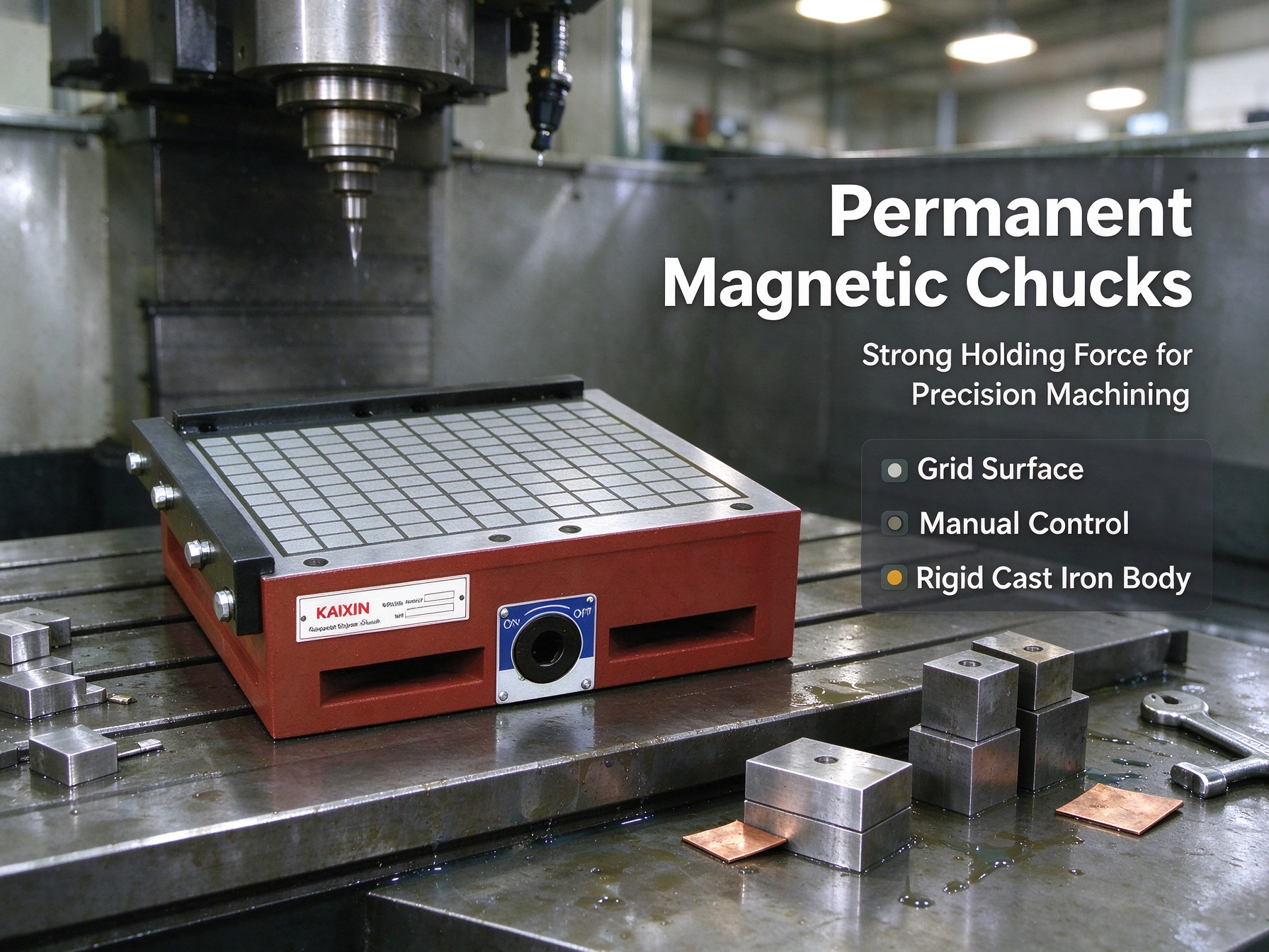 Strong holding force permanent magnetic chuck with rigid cast iron body.